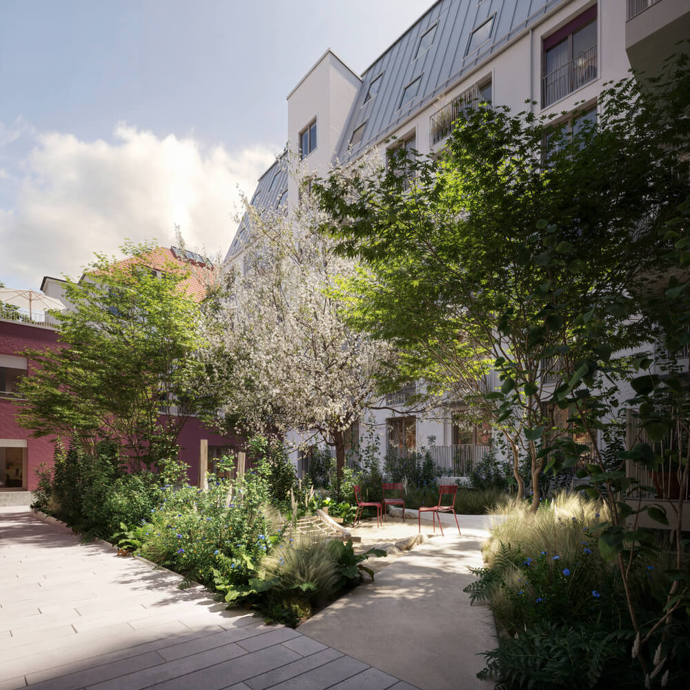 Gartenhof mit Bepflanzung und Sitzplätzen im Neubau Haus Claude in Untergiesing