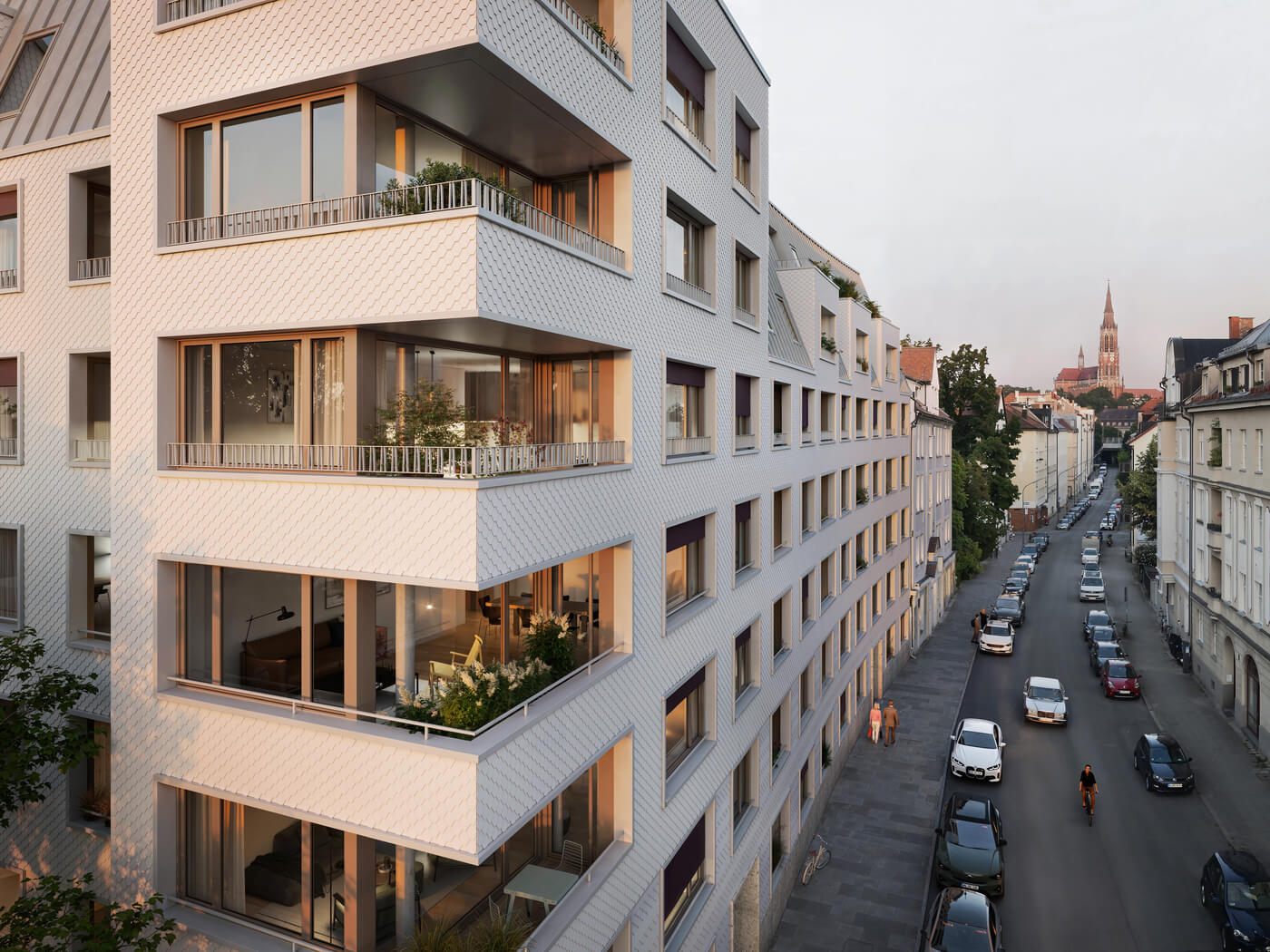 Eckansicht des Neubauprojekts Haus Claude in München-Untergiesing mit Loggien.