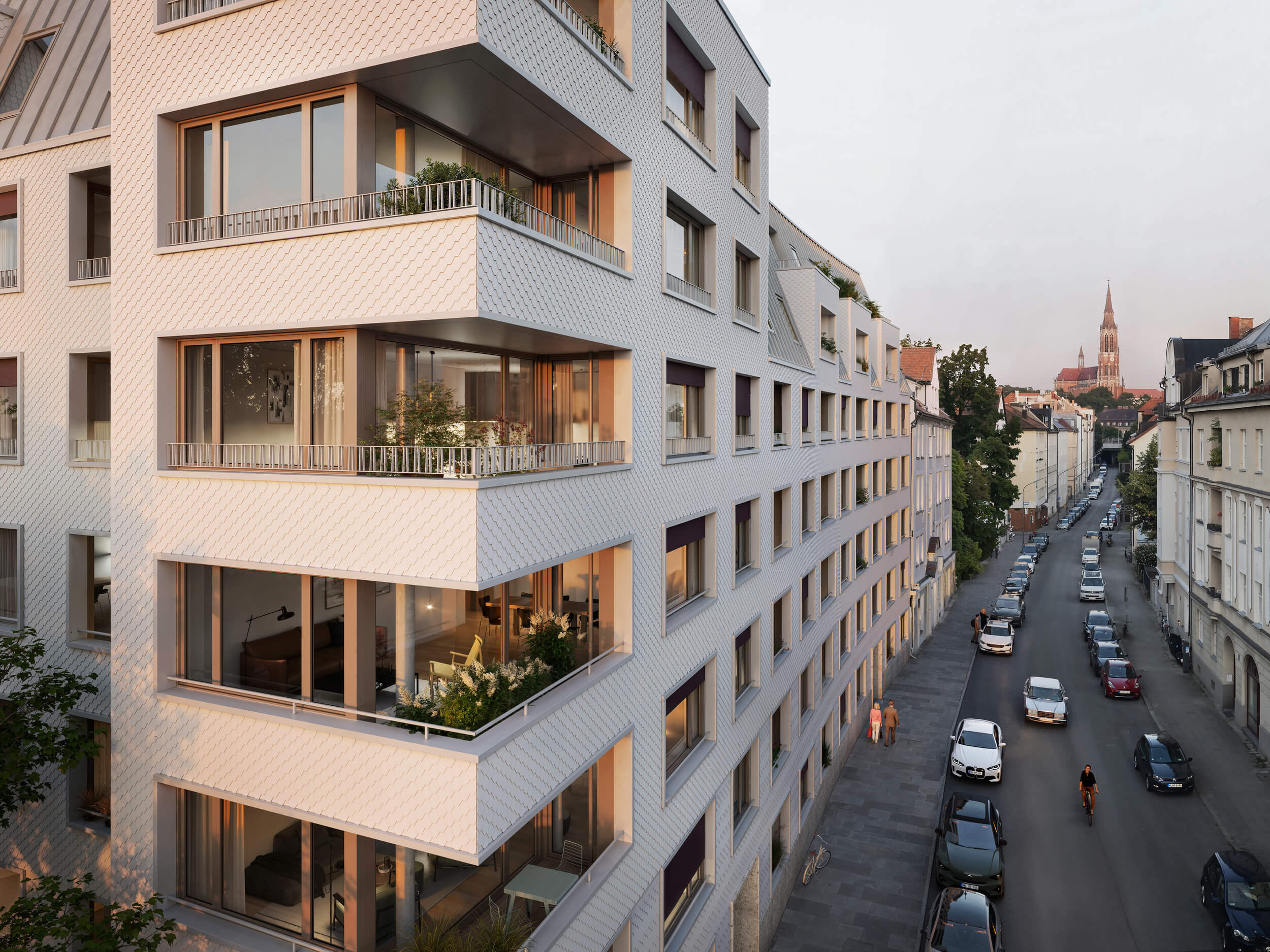 Eckansicht des Neubauprojekts Haus Claude in München-Untergiesing mit Loggien.