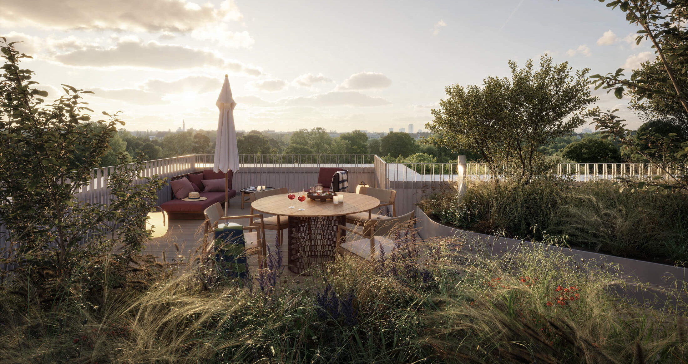 Dachterrasse einer Wohnung im Neubauprojekt Haus Claude in München-Untergiesing.