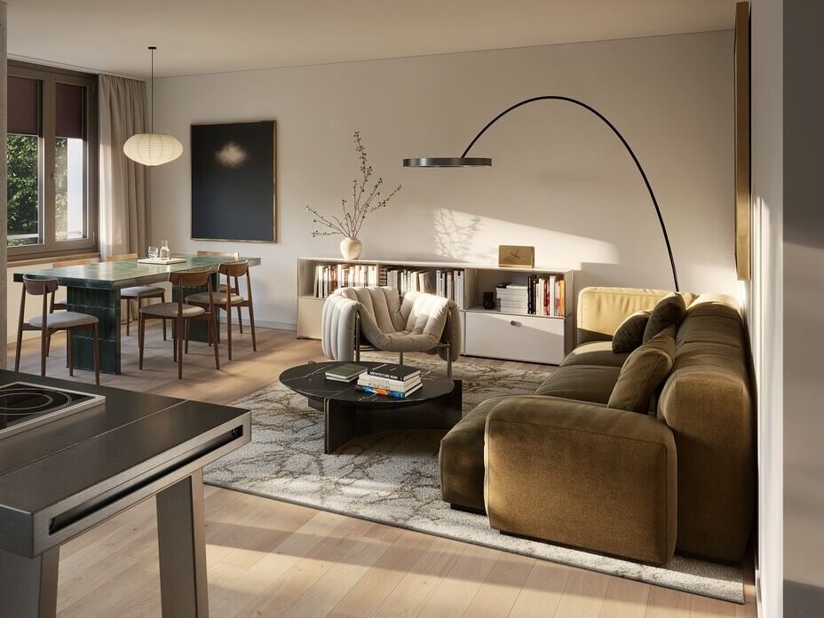 Wohnbereich im Neubauprojekt Haus Claude in München-Untergiesing mit Loggia