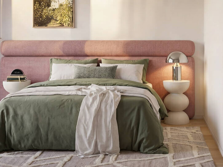 Schlafzimmer mit Bett, Bad und Balkonzugang im Neubau Haus Claude Untergiesing