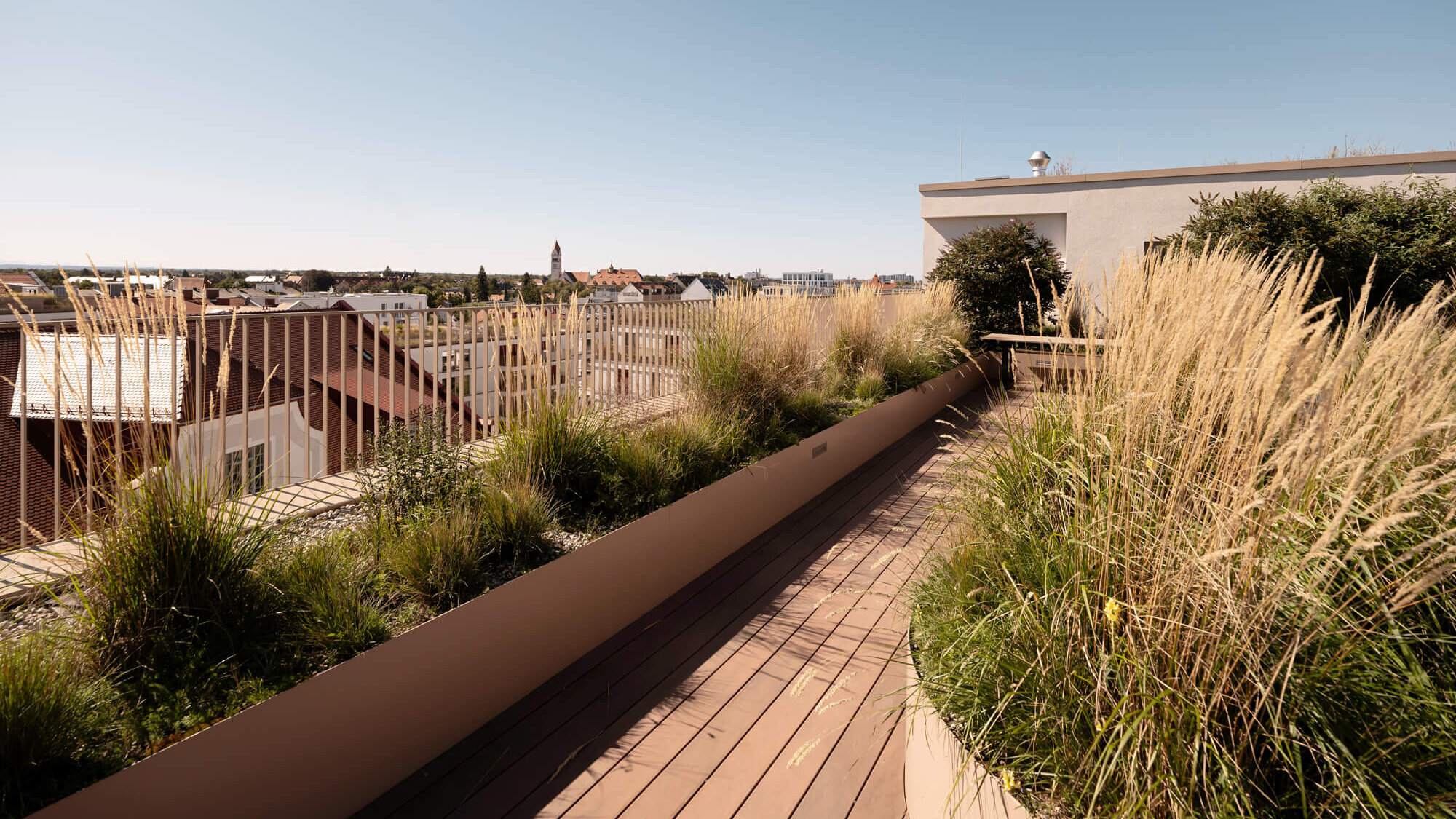 Dachterrasse mit Holzdeck und Pflanzbeeten, Neubauquartier kupa München-Pasing