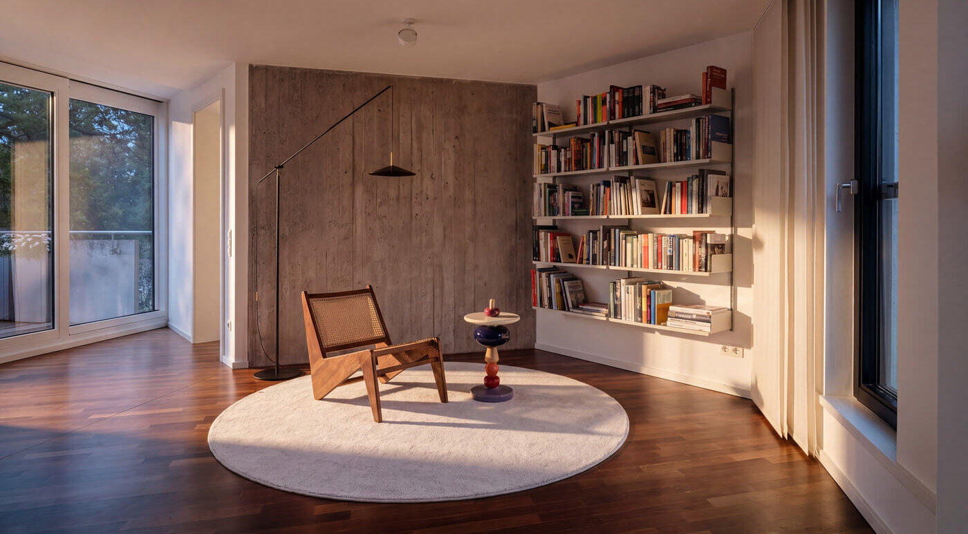 Wohnzimmer mit Bücherregal und Sessel in Wohnung W.10 im Baudenkmal REDUKT