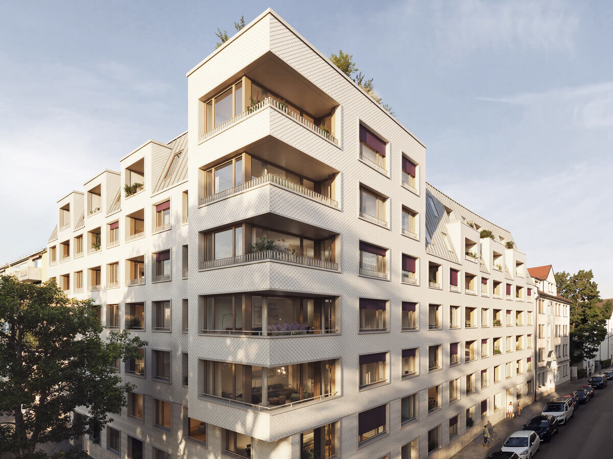 Eckansicht des Neubauprojekts Haus Claude in München-Untergiesing mit Loggien.