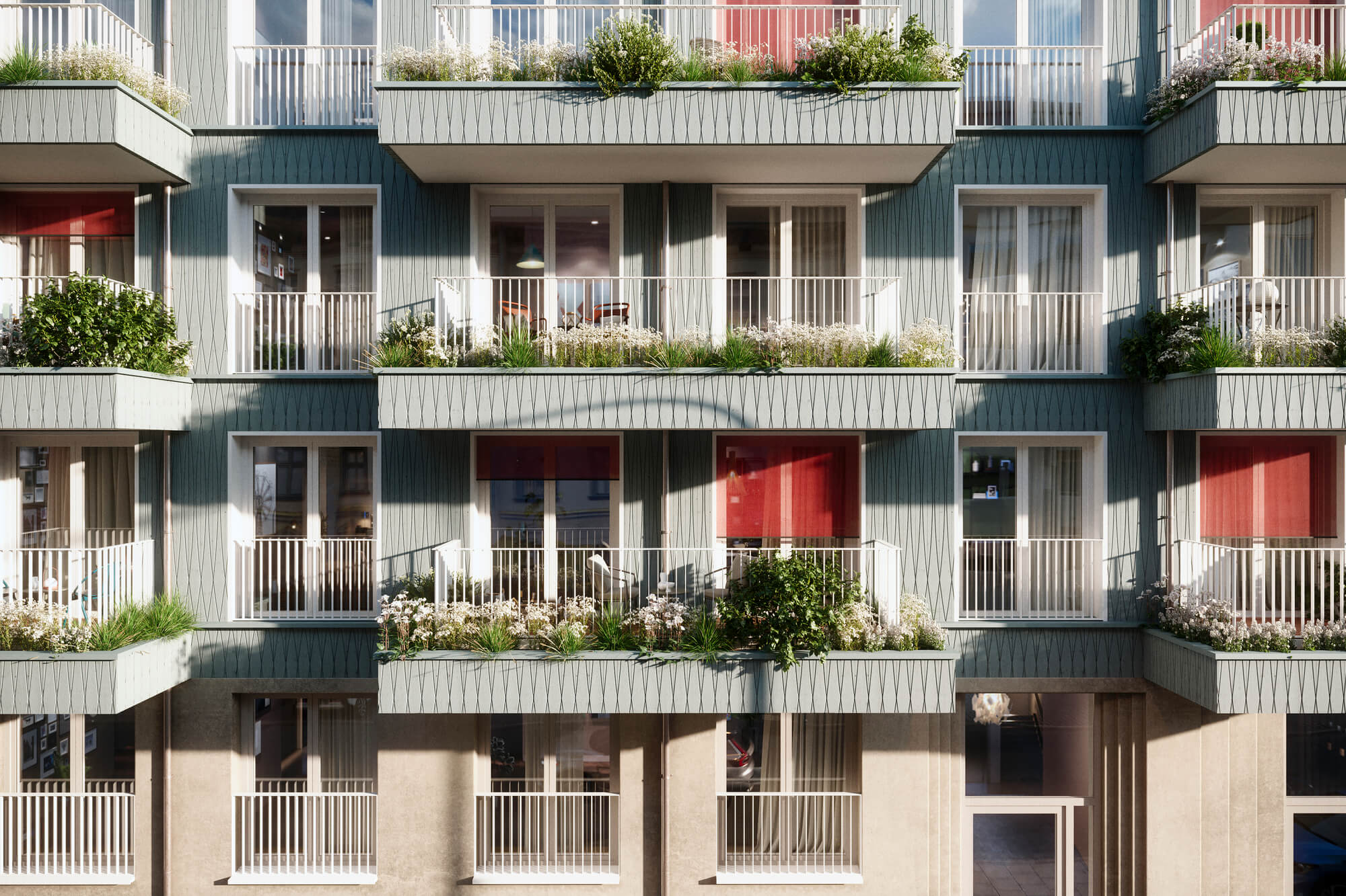Begrünte Fassade des Neubauprojekts VINZENT in München Neuhausen