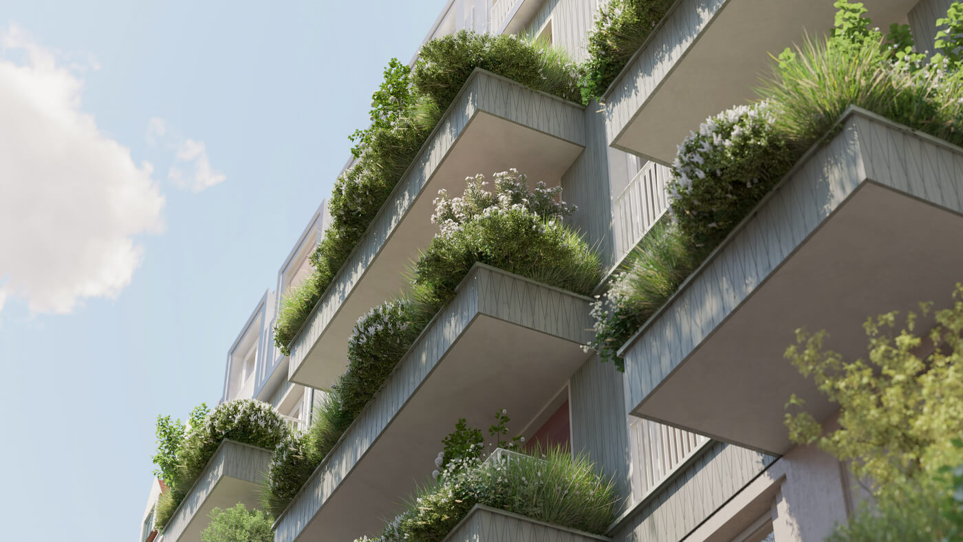 Farbige Holzfassade mit Bepflanzungssystem im Neubauprojektes Vinzent in München Neuhausen