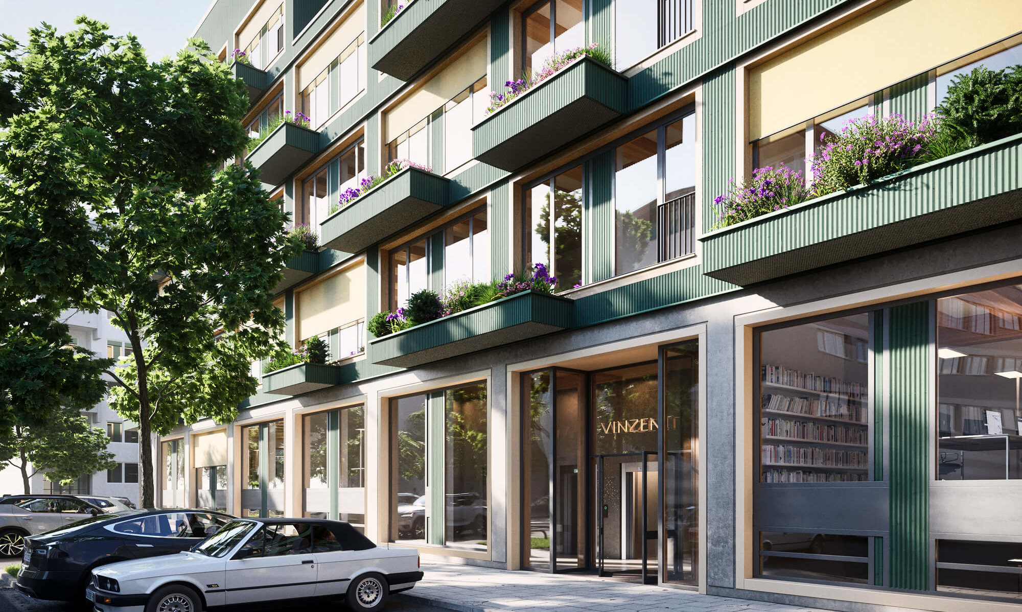 Eingang des Büroteils im Neubauprojekt Vinzent in Neuhausen