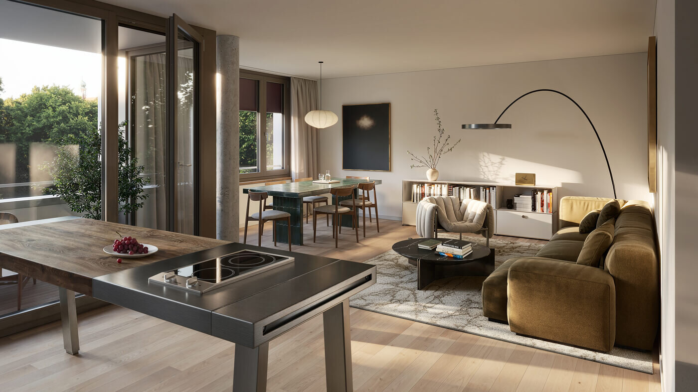 Wohn- und Essbereich einer 3-Zimmer-Wohnung im Neubauprojekt Haus Claude