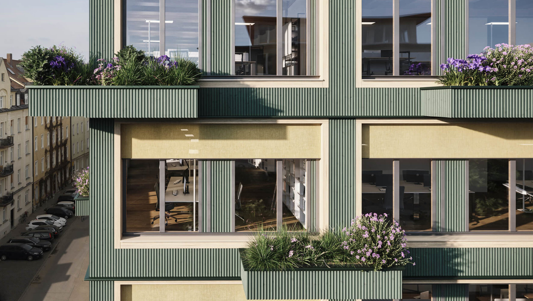 Fassade des Bürogebäudes im Neubauprojekts VINZENT in München Neuhausen