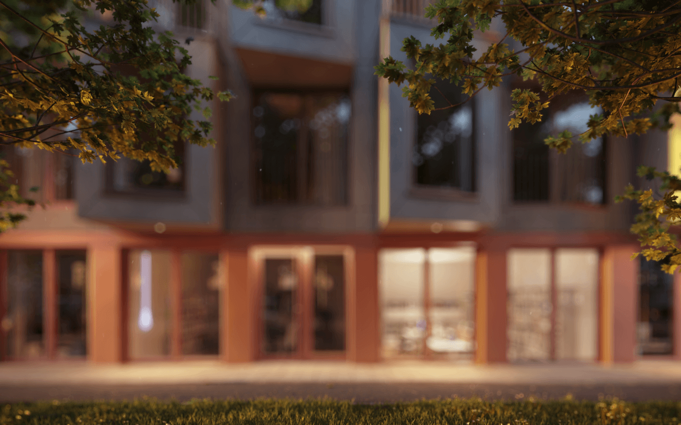 Beleuchtete Fassade im Neubauprojekt Van B in München-Schwabing