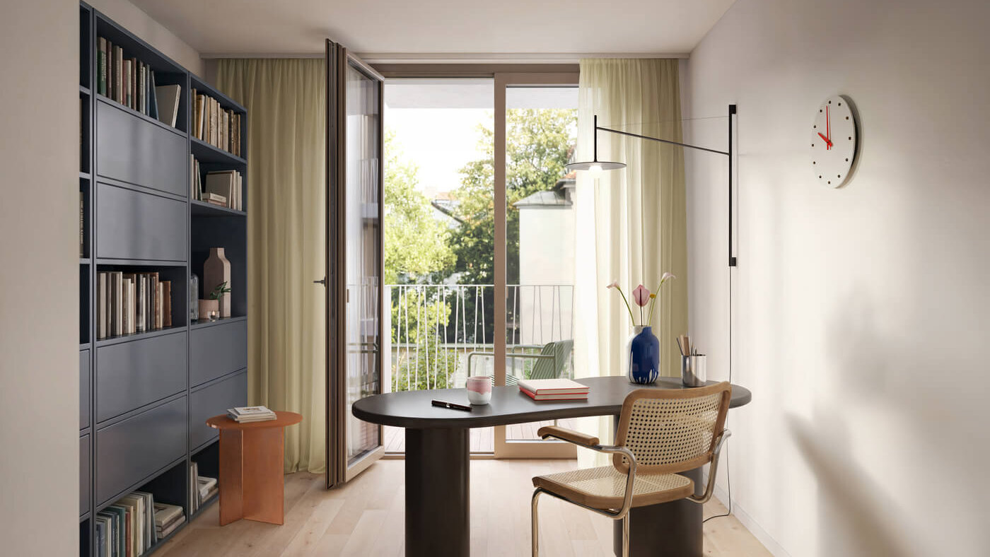 Arbeitszimmer mit Balkonzugang im Neubauprojekt Haus Claude München-Untergiesing