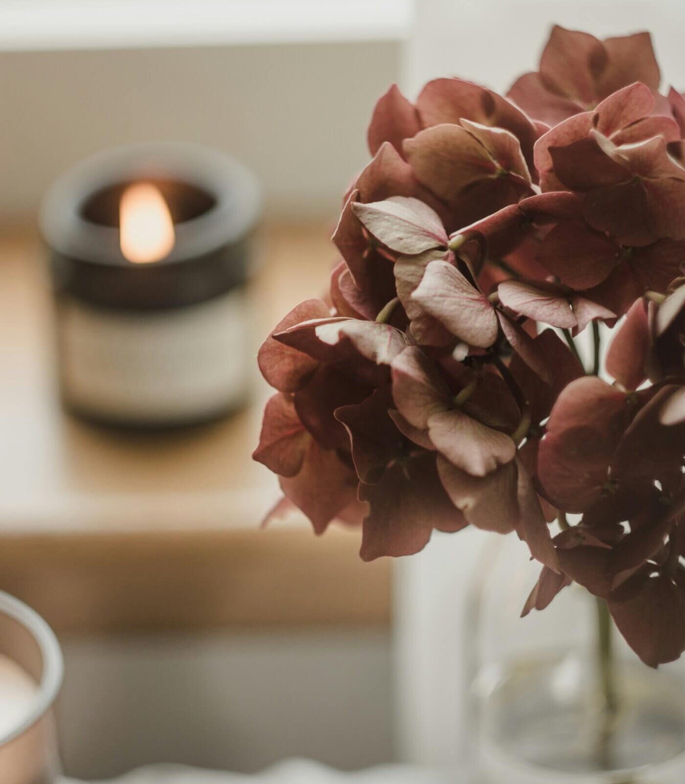 Hortensien und brennende Duftkerze für eine entspannte Wohnatmosphäre.