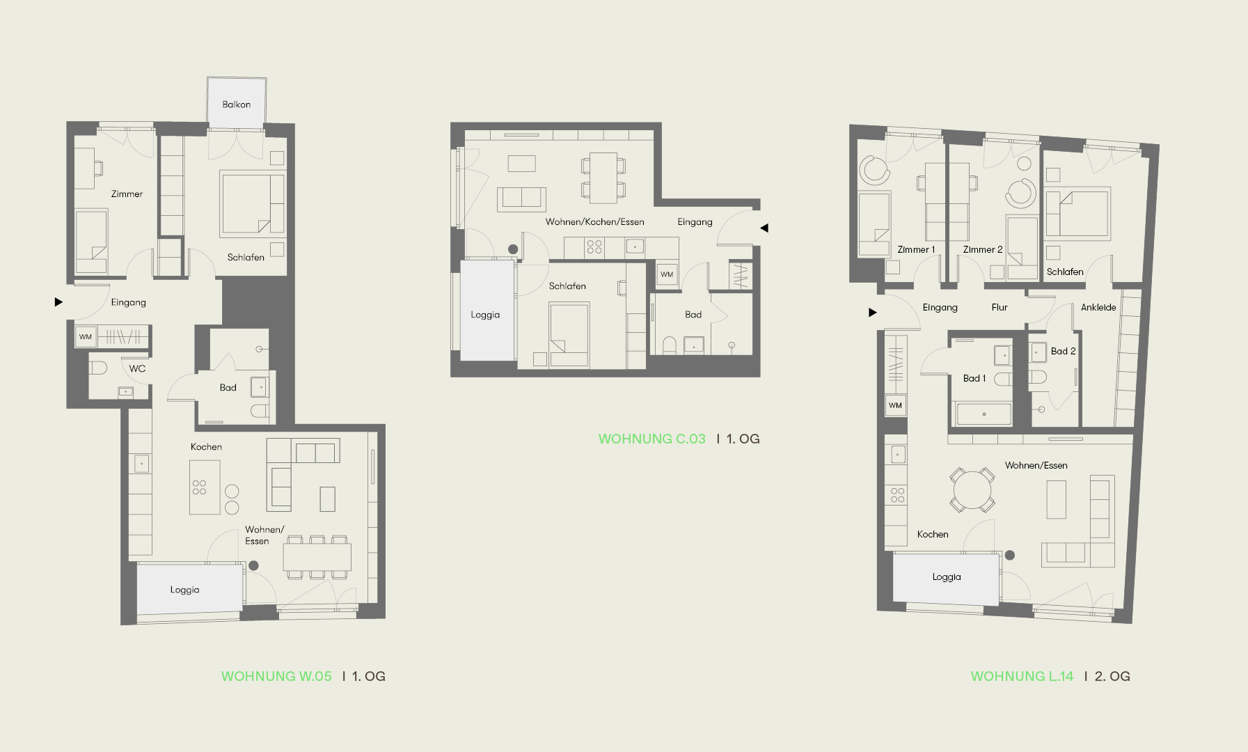 Grundrisse von 2- bis 4-Zimmer-Wohnungen im Neubauprojekt Haus Claude, München