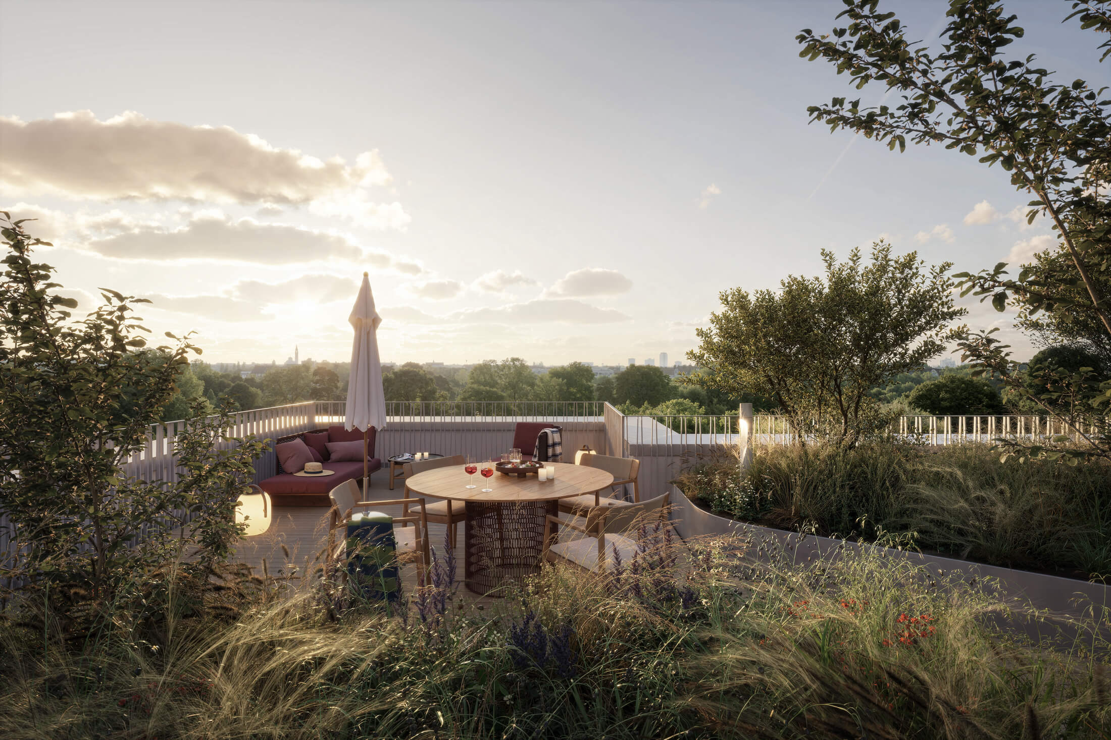 Dachterrasse mit Tisch und Bepflanzung im Neubau Haus Claude in Untergiesing