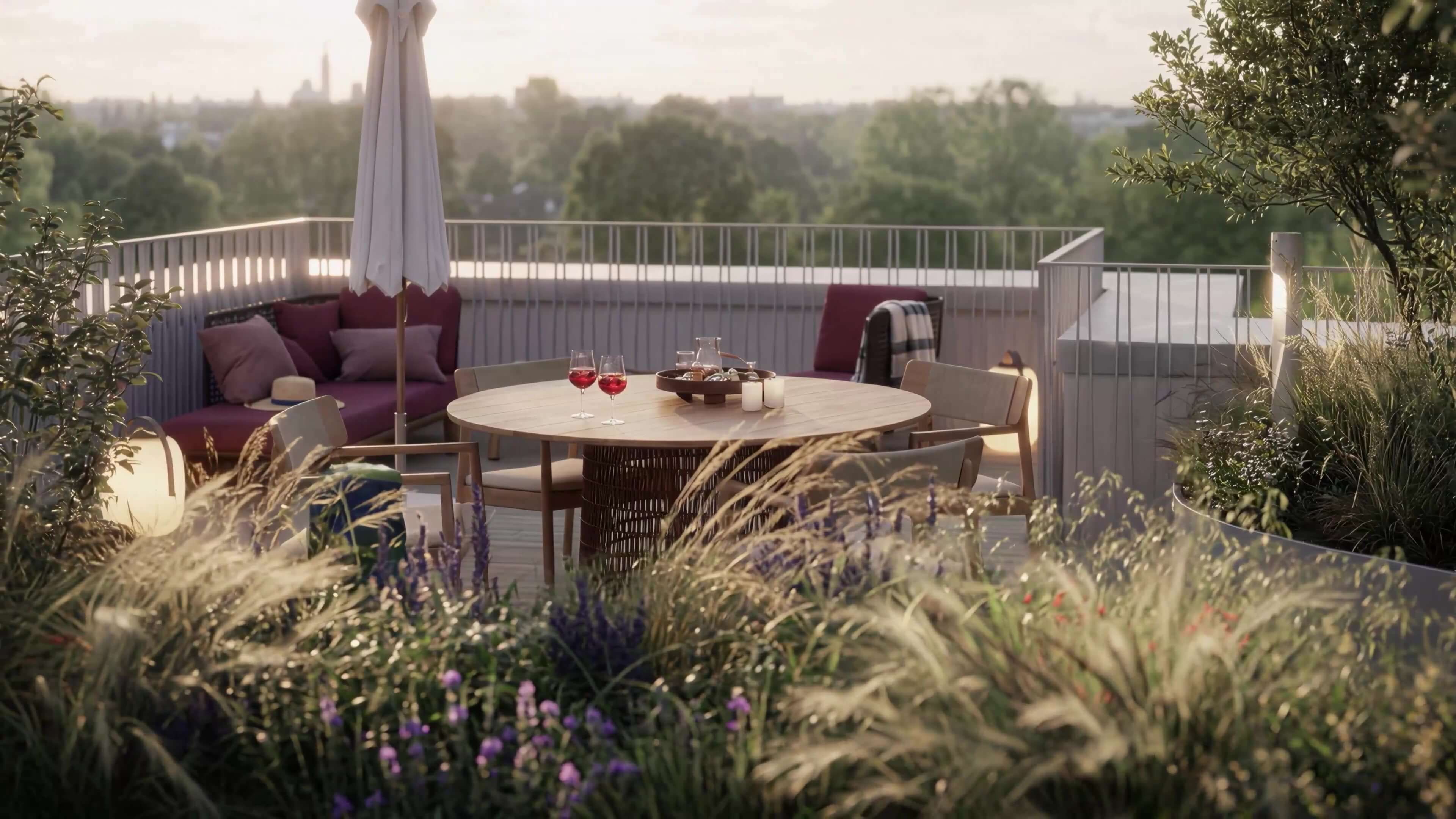 Dachterrasse mit Tisch und Bepflanzung im Neubau Haus Claude in Untergiesing