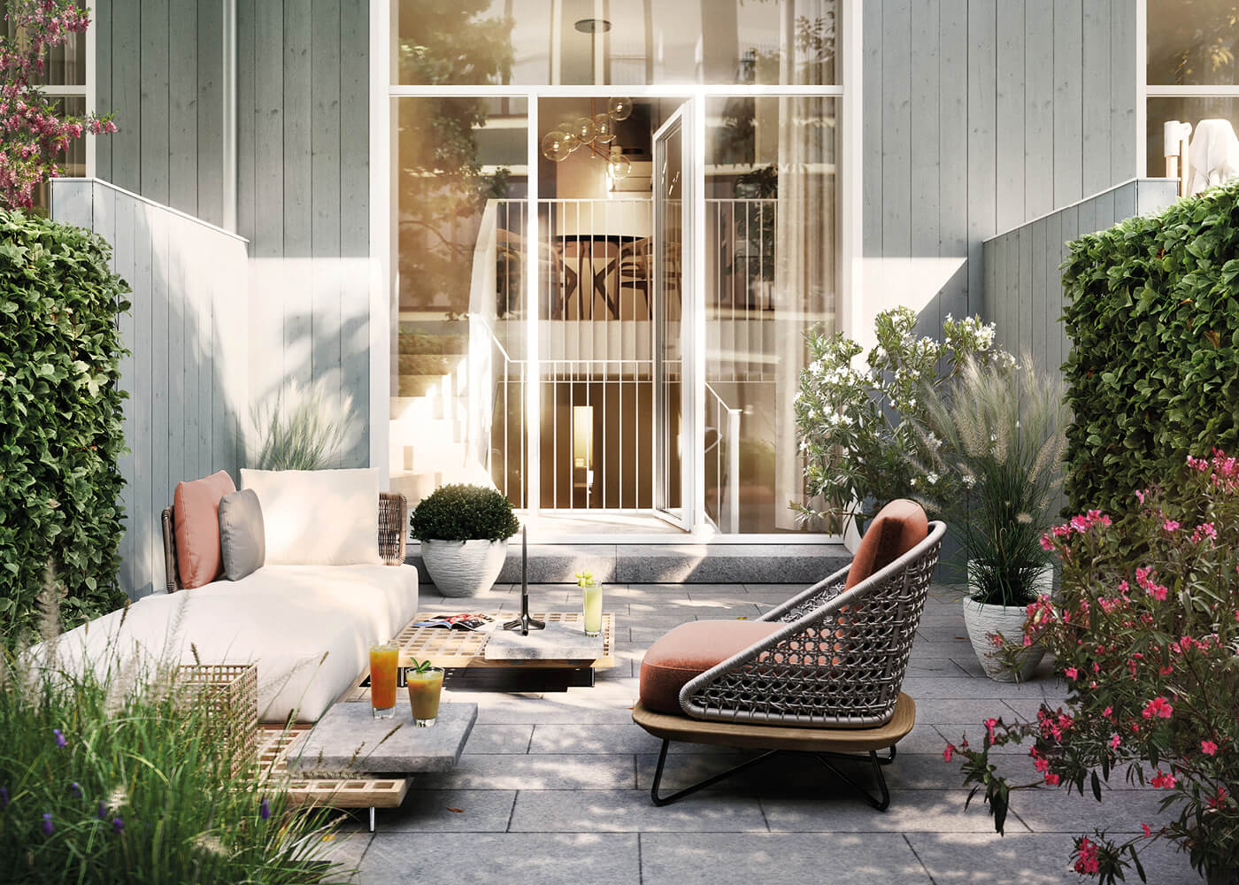 Terrasse der Garten Maisonette H.03 des Neubauprojekts VINZENT in München-Neuhausen