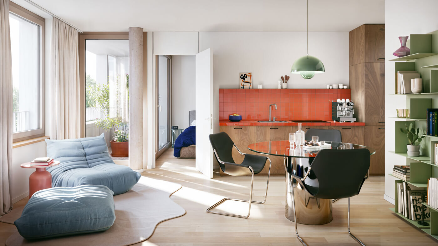 Wohn- und Essbereich eines Apartments im Neubauprojekt Haus Claude