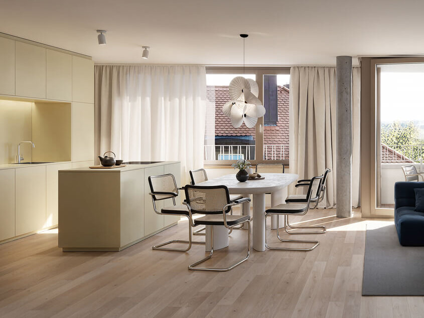 Essbereich im Neubauprojekt Haus Claude in Untergiesing mit Küche und Balkon