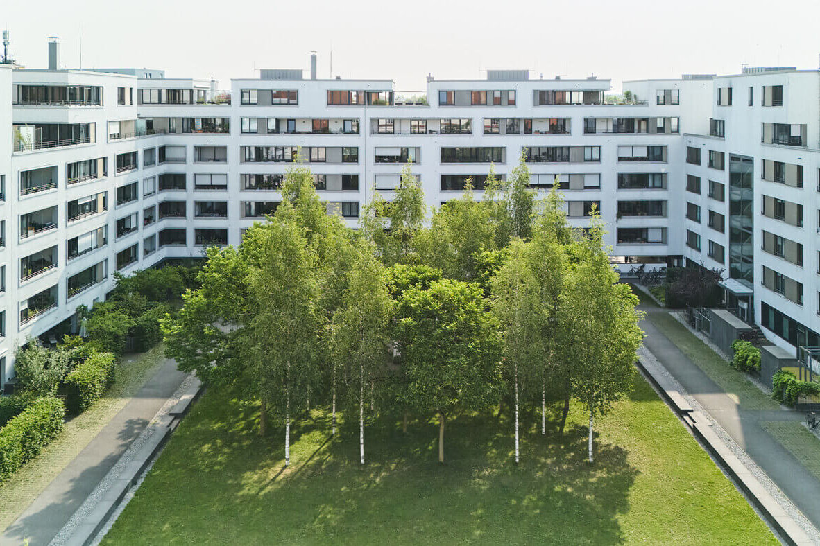 Fassadenansicht des Gebäudes Lebensraum im Wohnquartier Gern 64 in München