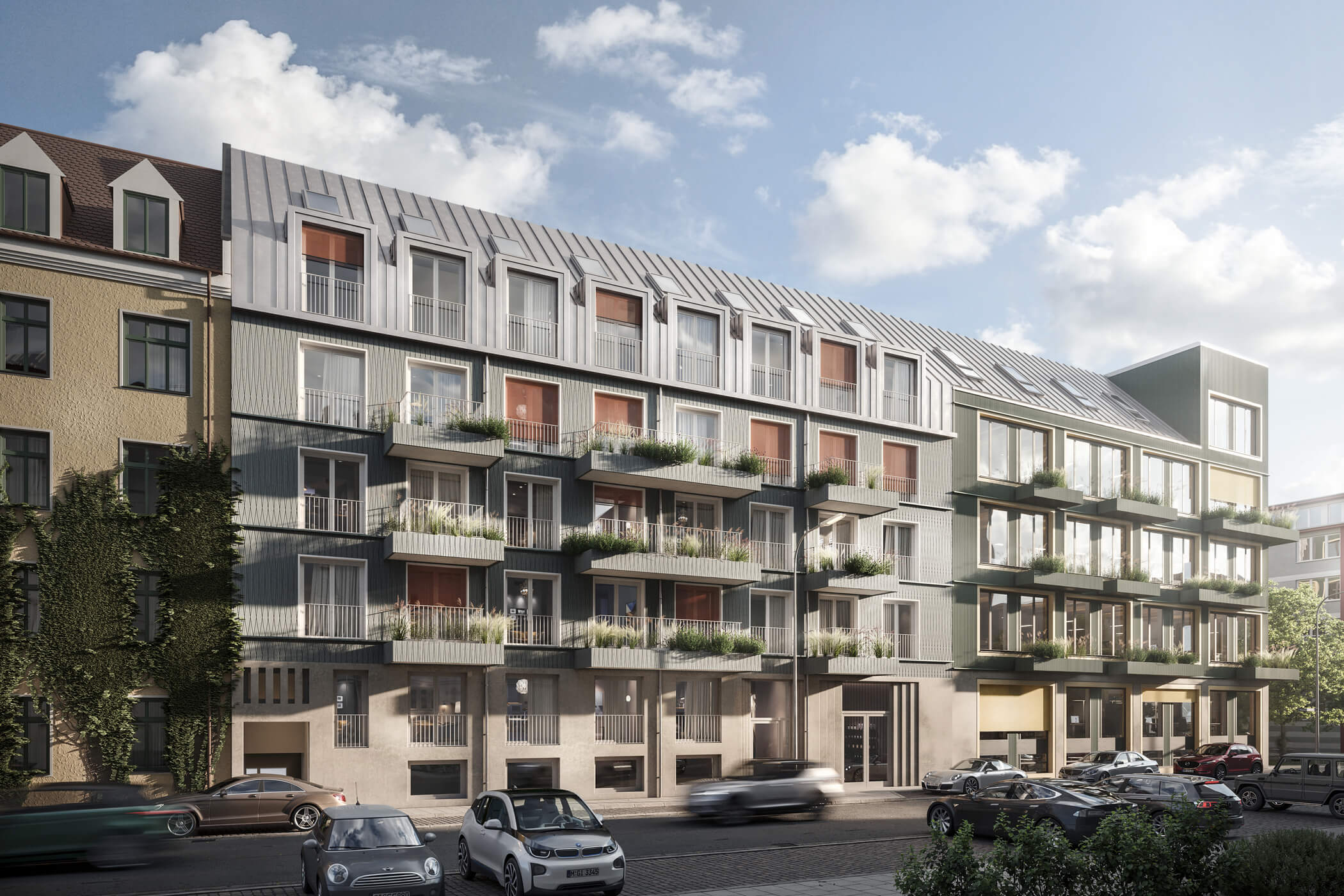 Provate Dachterrasse eines Penthouses im Neubauprojekt Van B mit Blick auf Olympiaturm