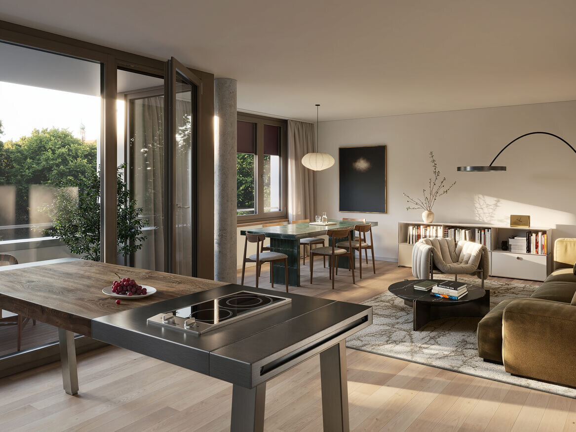 Wohnbereich im Neubauprojekt Haus Claude in München-Untergiesing mit Loggia