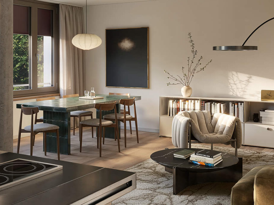 Wohnbereich im Neubauprojekt Haus Claude in München-Untergiesing mit Loggia