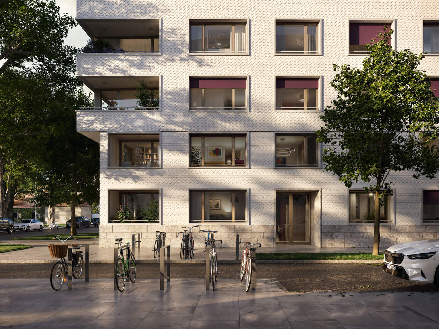 Fassade Neubauprojekt Haus Claude in Untergiesing mit Loggien und Fenstern