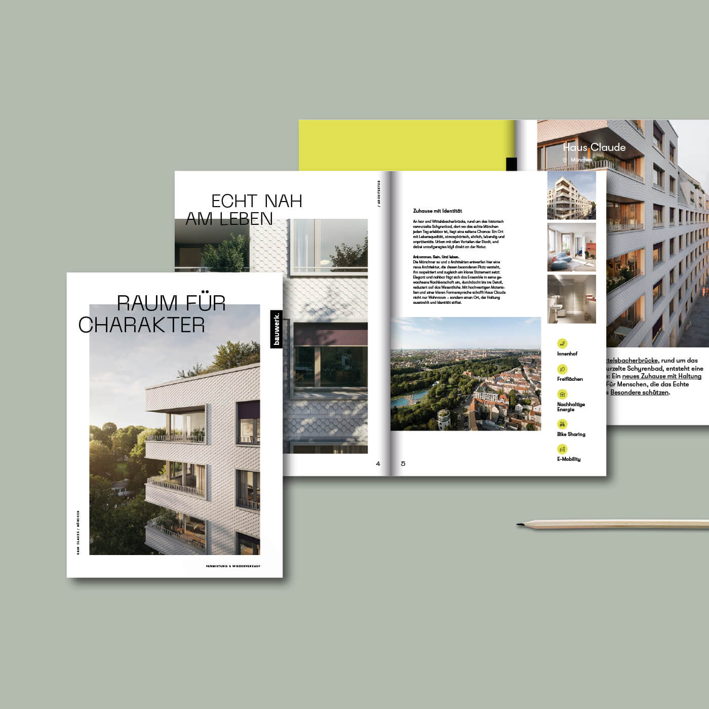 Diverse Druckunterlagen zur Vermarktung des Neubauprojekts Haus Claude