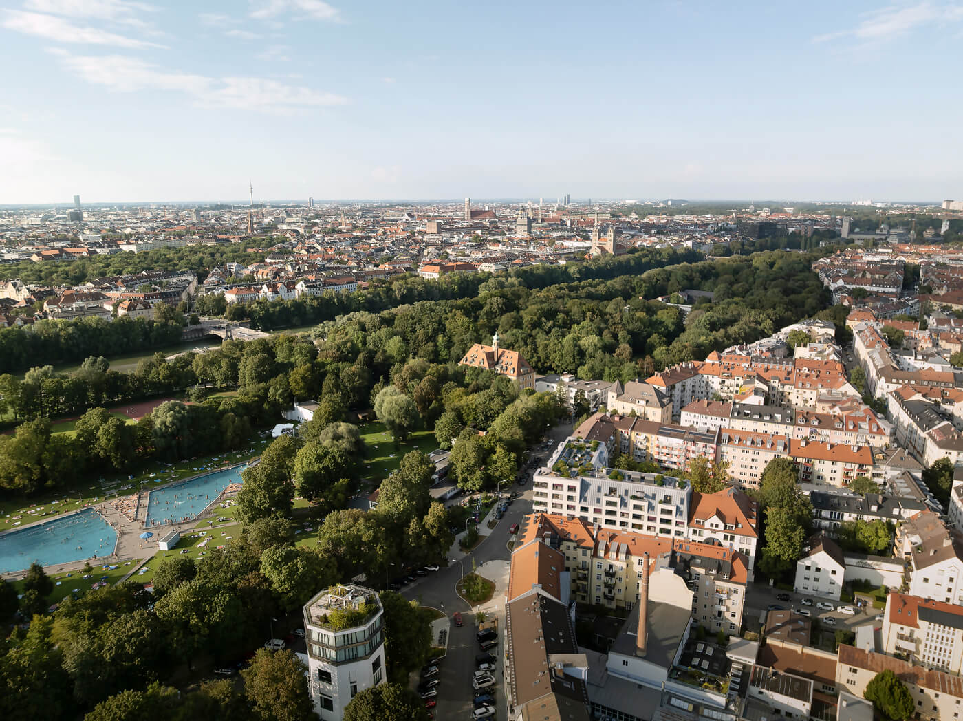 Panorama über Untergiesing mit Blick auf Wohnviertel, Schyrenbad nahe Projekt Haus ClaudeS