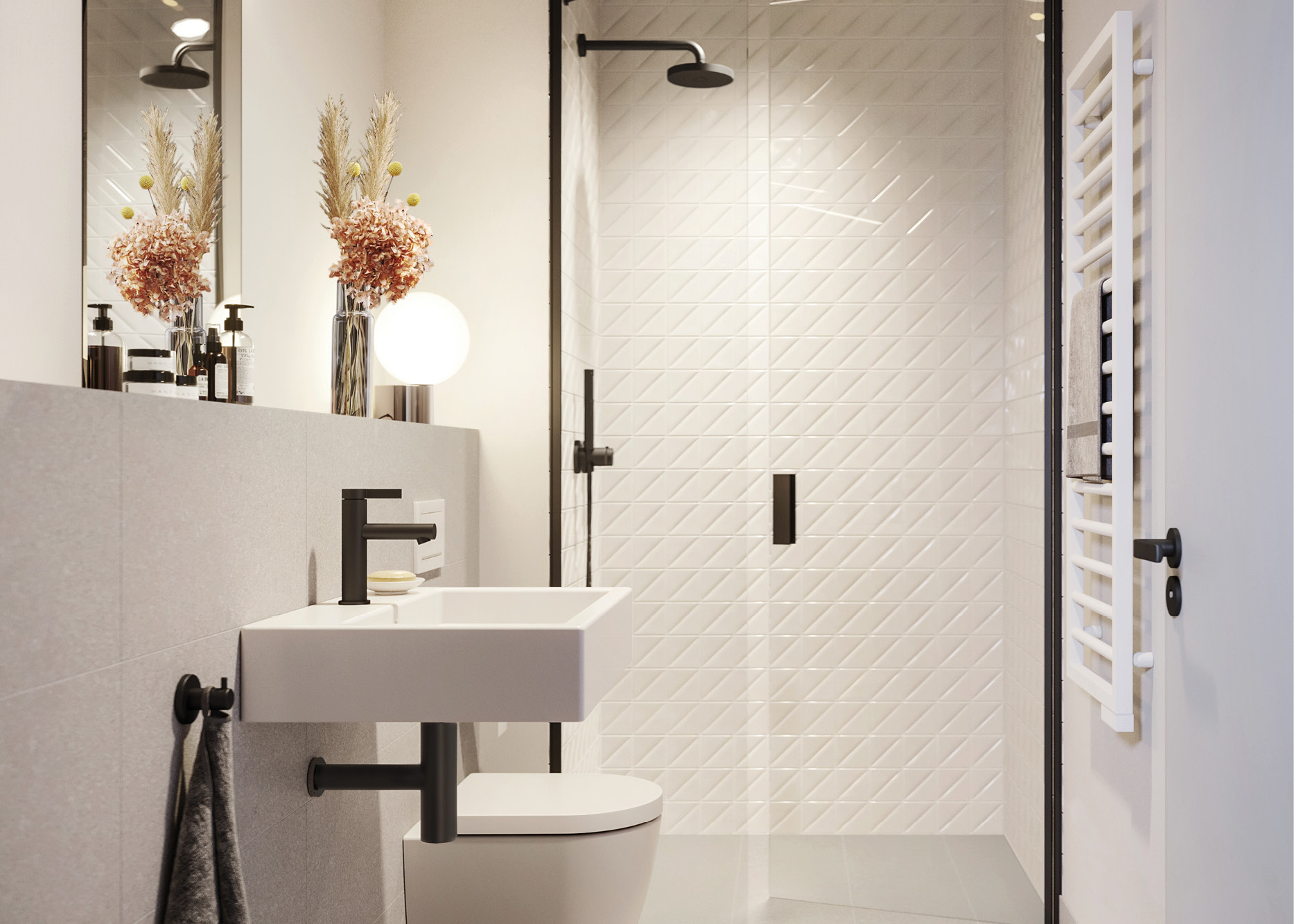 Bad mit Dusche und Waschbecken in Wohnung H.25 im Neubau VINZENT, München