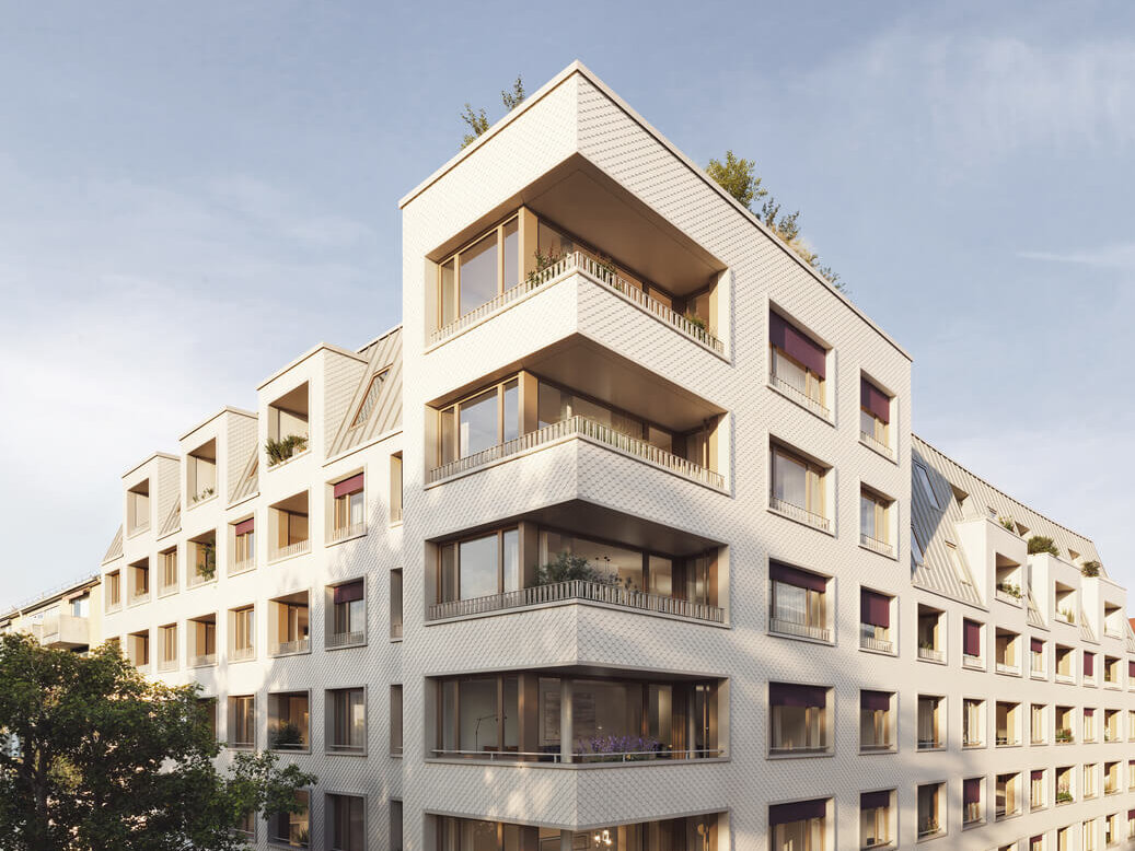 Eckansicht des Neubauprojekts Haus Claude in München-Untergiesing mit Loggien.