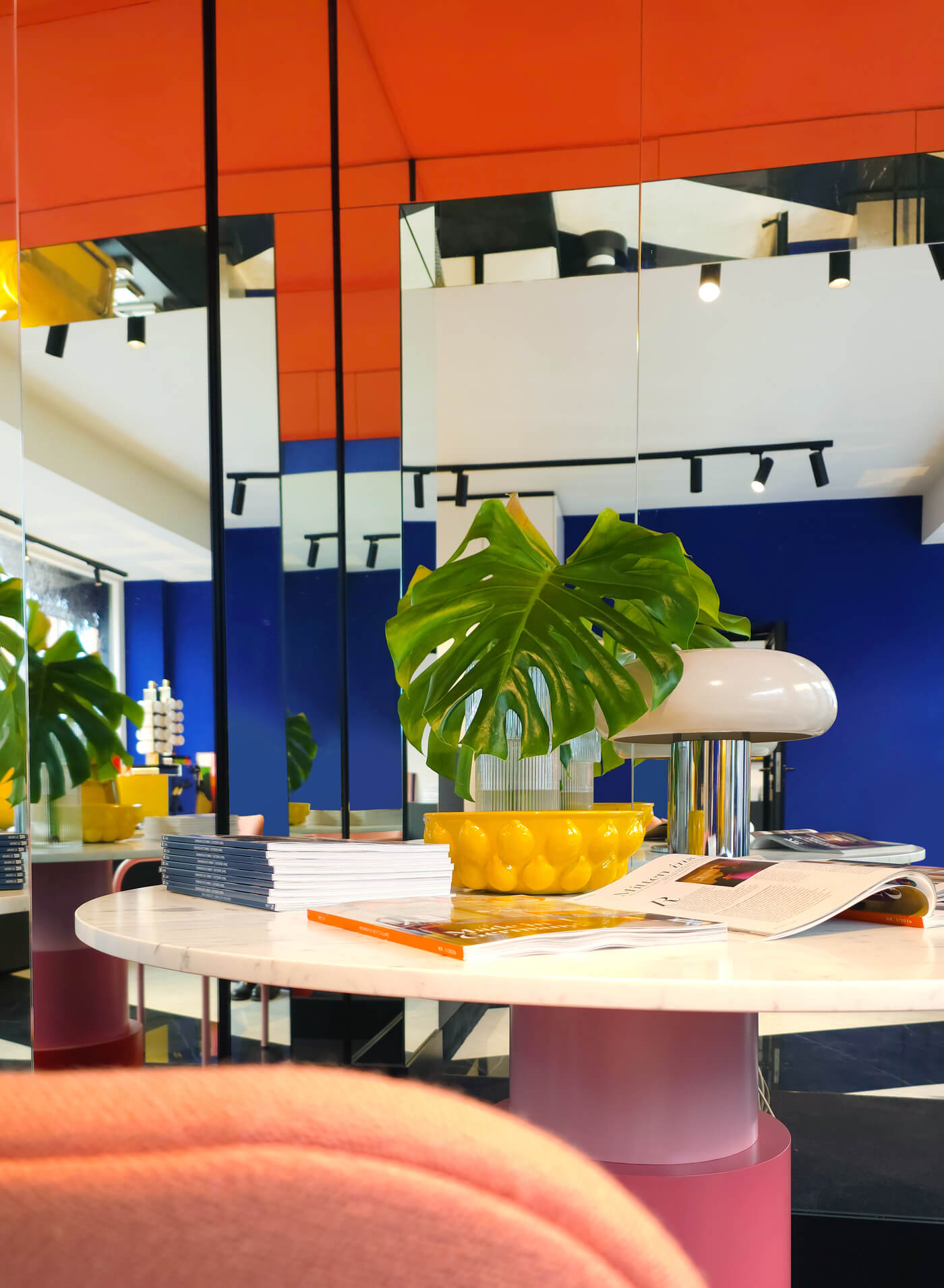 Tisch mit Pflanze und Büchern vor Spiegelwand in farbigem Innenraum