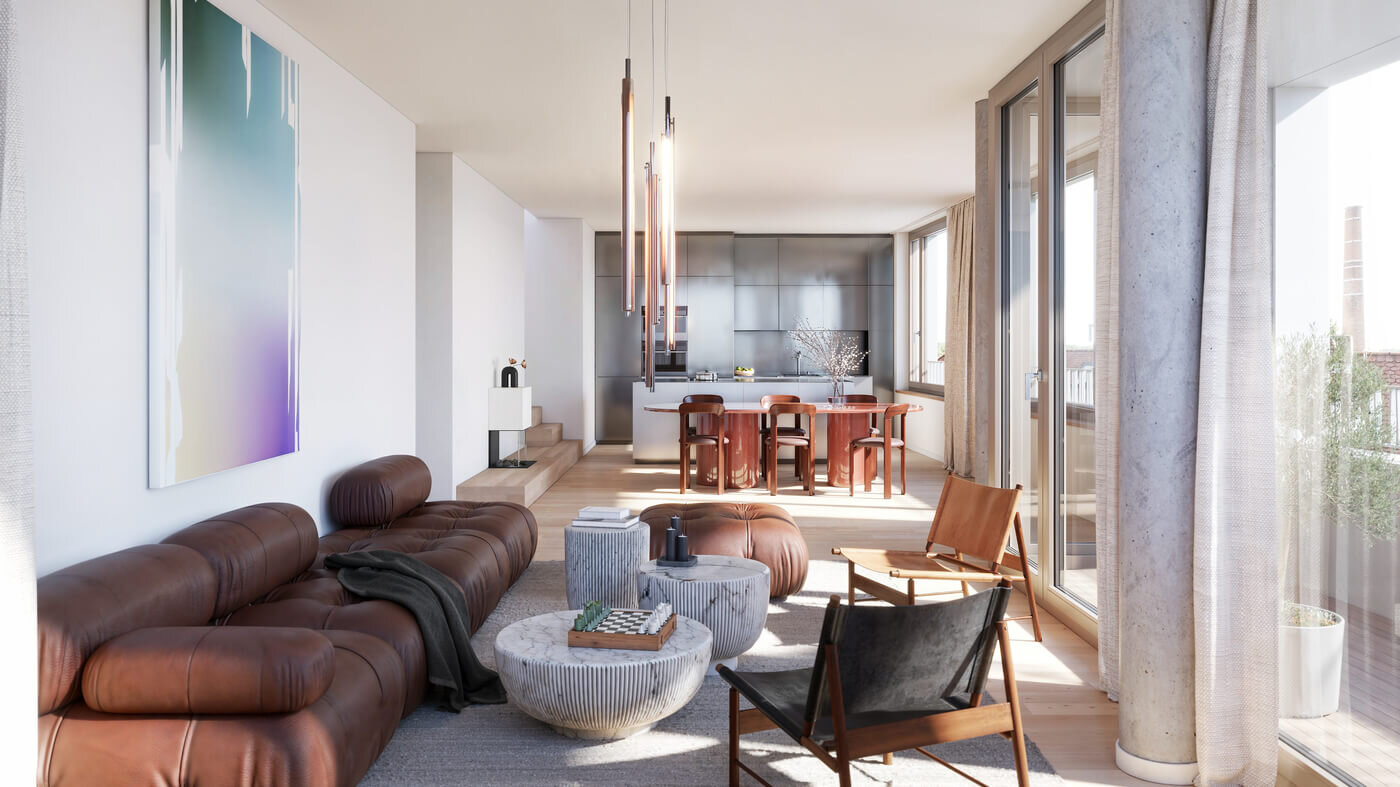 Penthouse-Wohnbereich mit Balkon im Neubauprojekt Haus Claude in Untergiesing