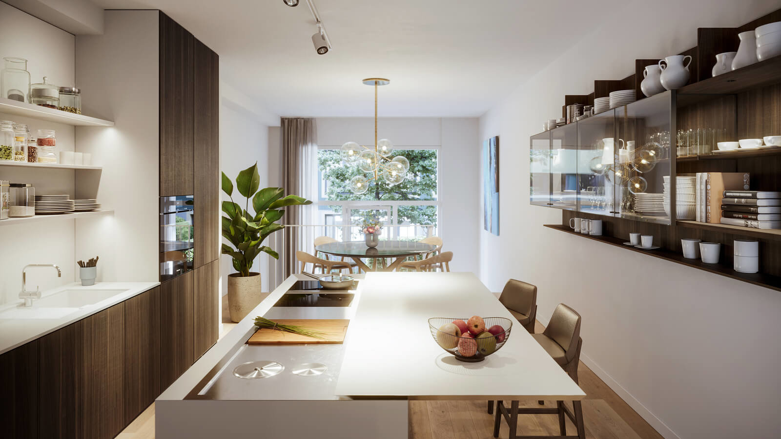 Wohnküche einer Garten-Maisonette im Neubauprojektes Vinzent in München Neuhausen