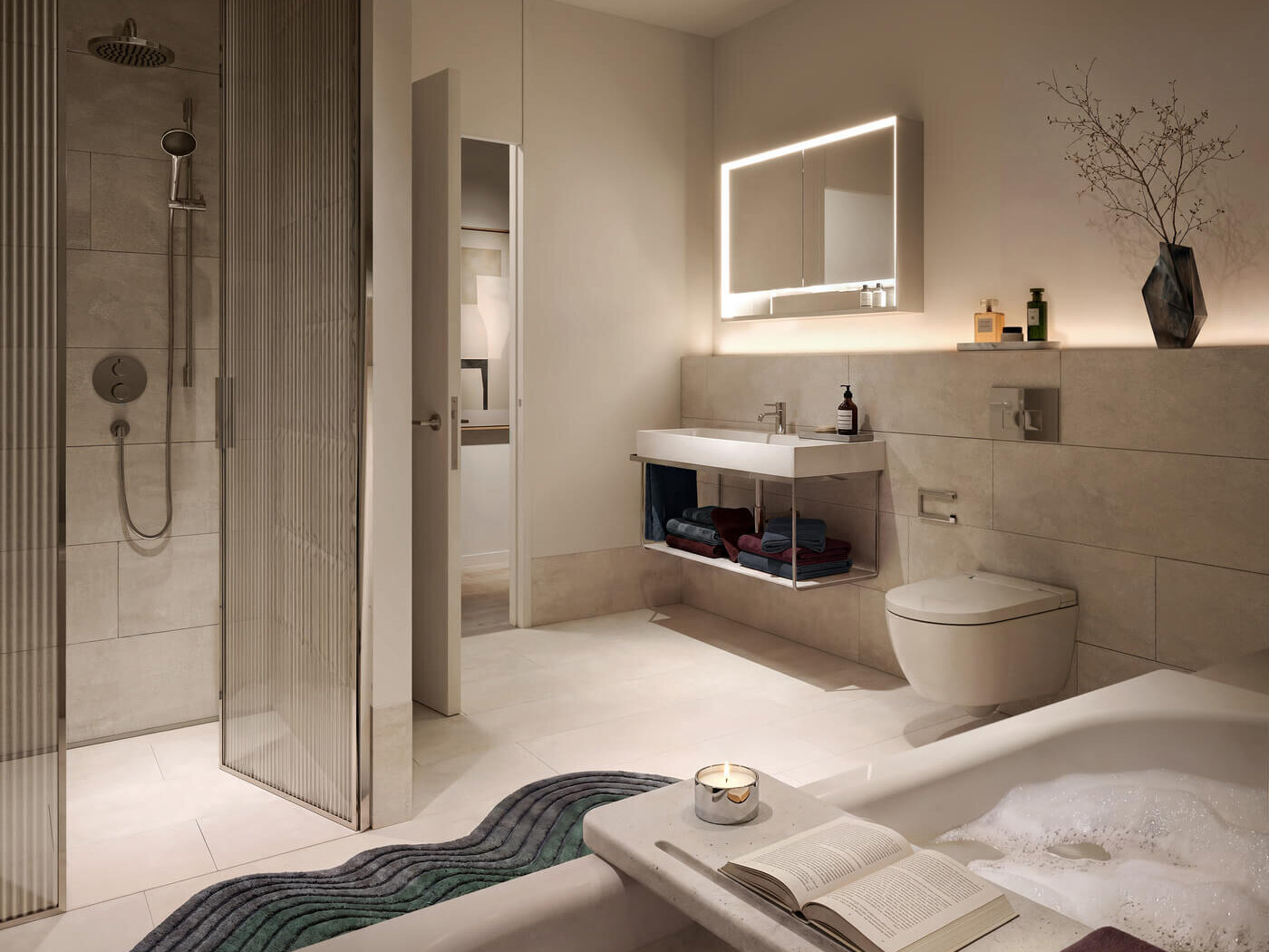 Bad mit Wanne, Dusche und Waschbecken im Neubauprojekt Haus Claude Untergiesing