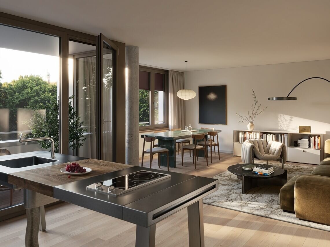 Wohnbereich im Neubauprojekt Haus Claude in München-Untergiesing mit Loggia