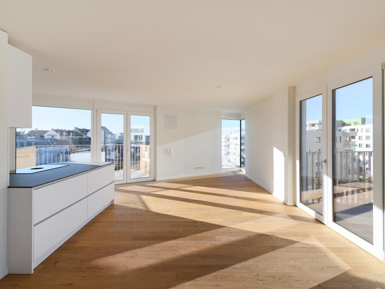 Wohnbereich der 2-Zimmer Mietwohnung D.17 im kupa Quartier in München-Pasing