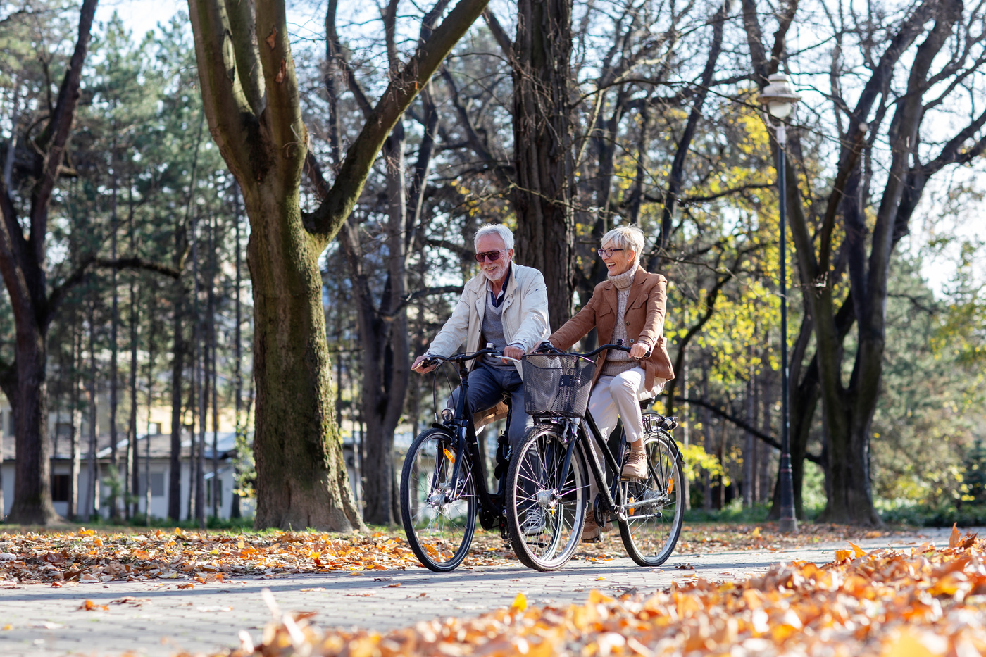 Ältere Radfahrer auf einem Weg zwischen Bäumen und Herbstlaub