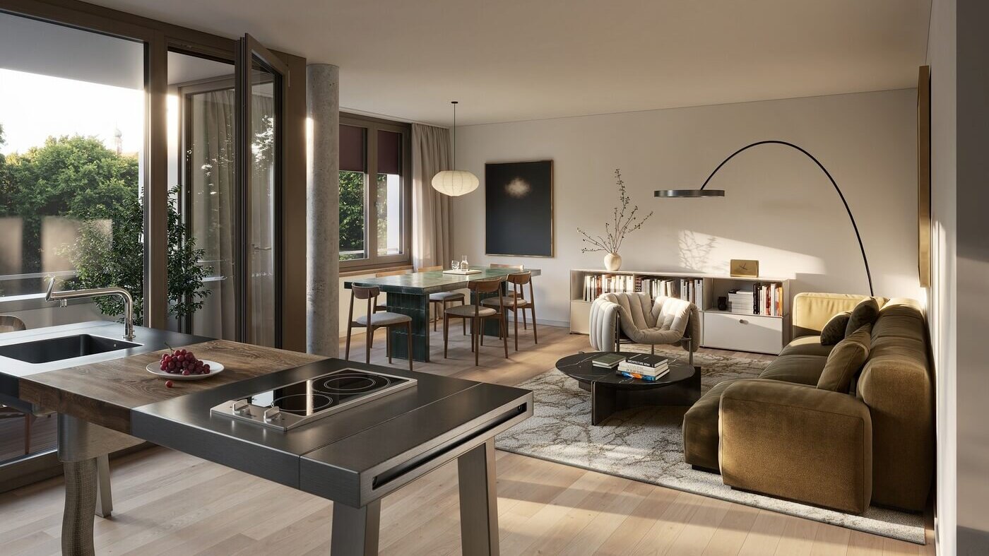 Wohn- und Essbereich einer 3-Zimmer-Wohnung im Neubauprojekt Haus Claude