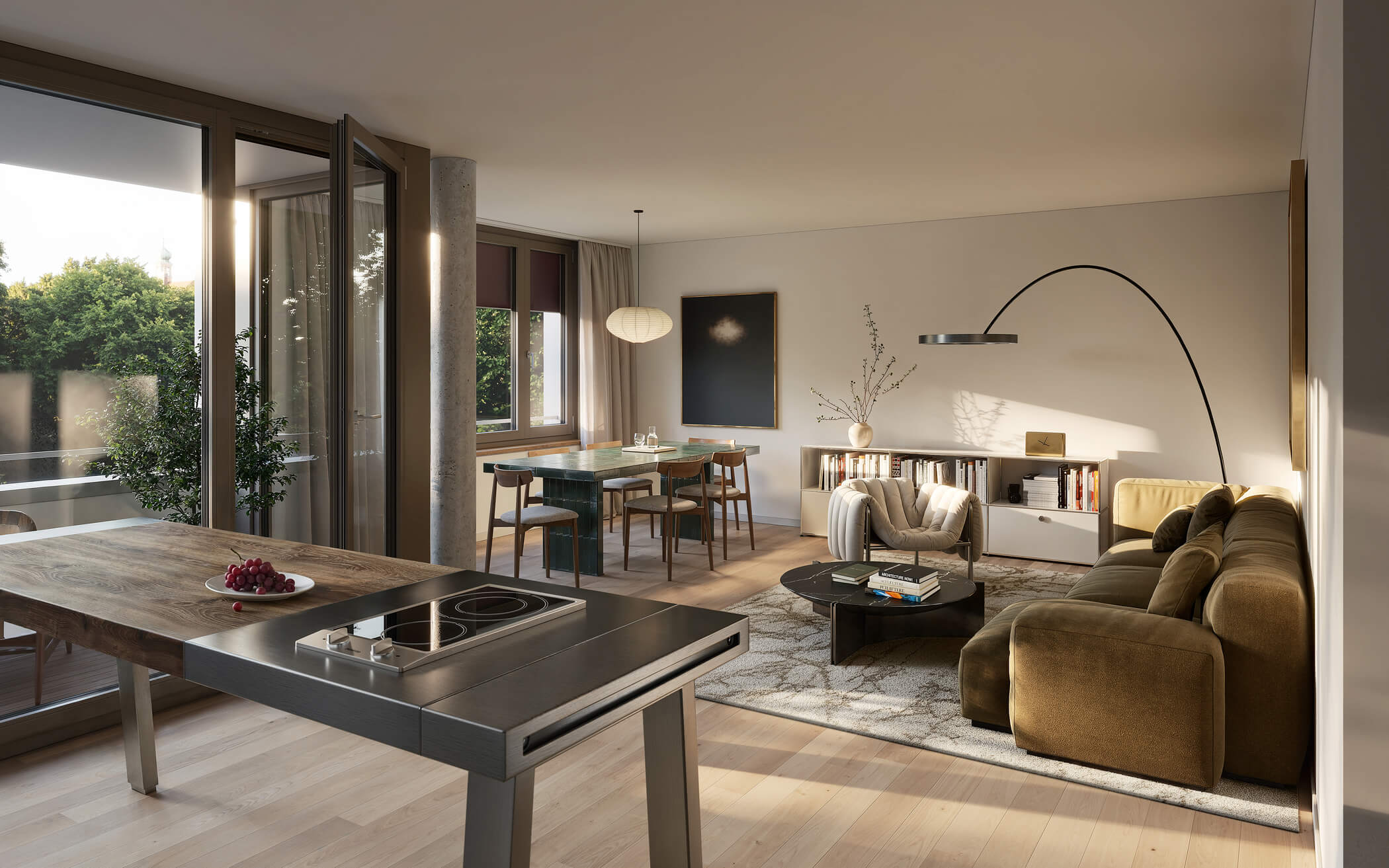 Wohnbereich der 3-Zimmer-Wohnung im Neubauprojekt Haus Claude in Untergiesing