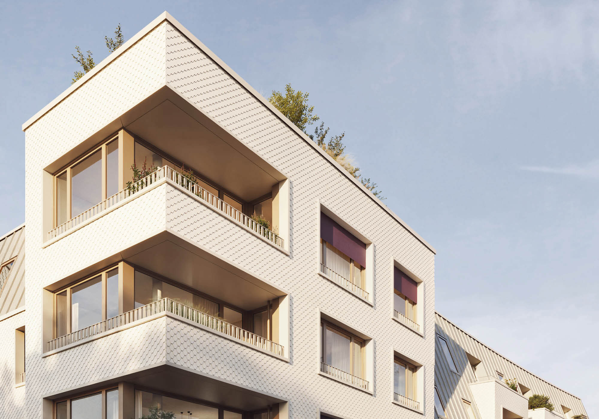 Fassadendetail Neubauprojekt Haus Claude in München-Untergiesing mit Loggien.