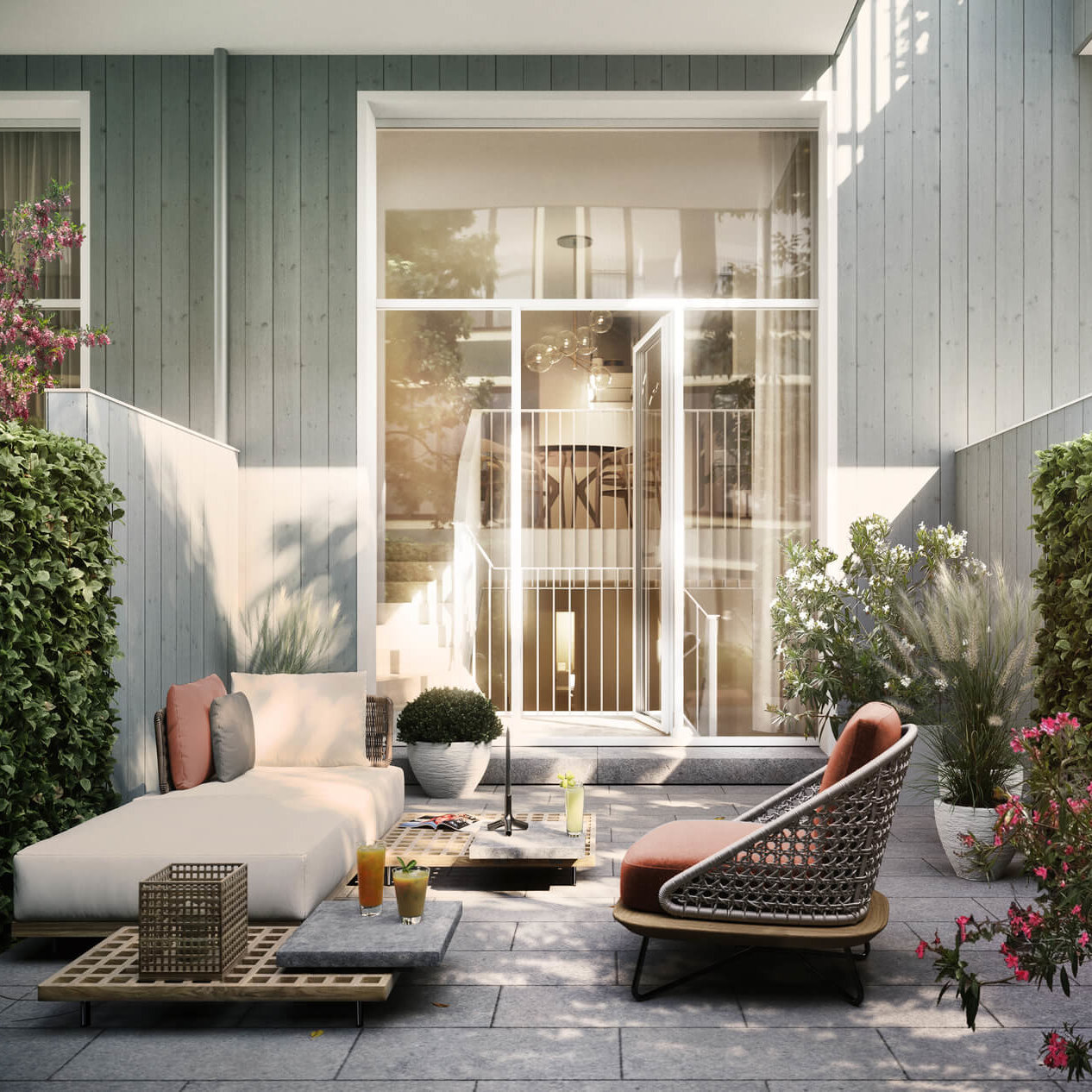 Terrasse der Garten-Maisonette im Neubauprojekt VINZENT in München-Neuhausen