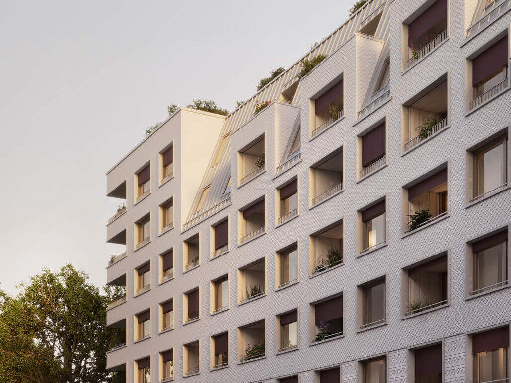 Fassade Neubauprojekt Haus Claude in Untergiesing mit Loggien und Fenstern