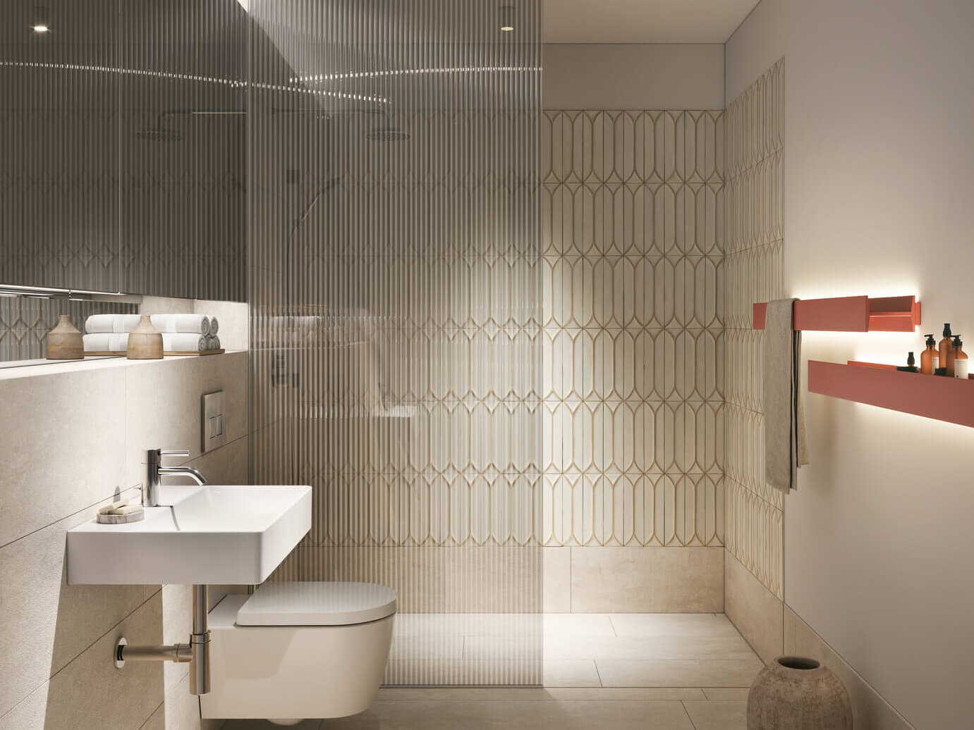 Bad im Neubauprojekt Haus Claude in Untergiesing mit Dusche, WC und Waschbecken