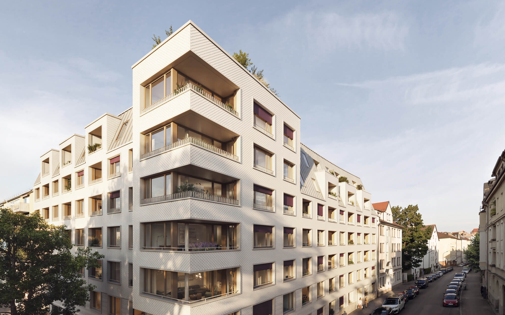 Straßenansicht des Neubauprojekts Haus Claude in Untergiesing mit Loggien