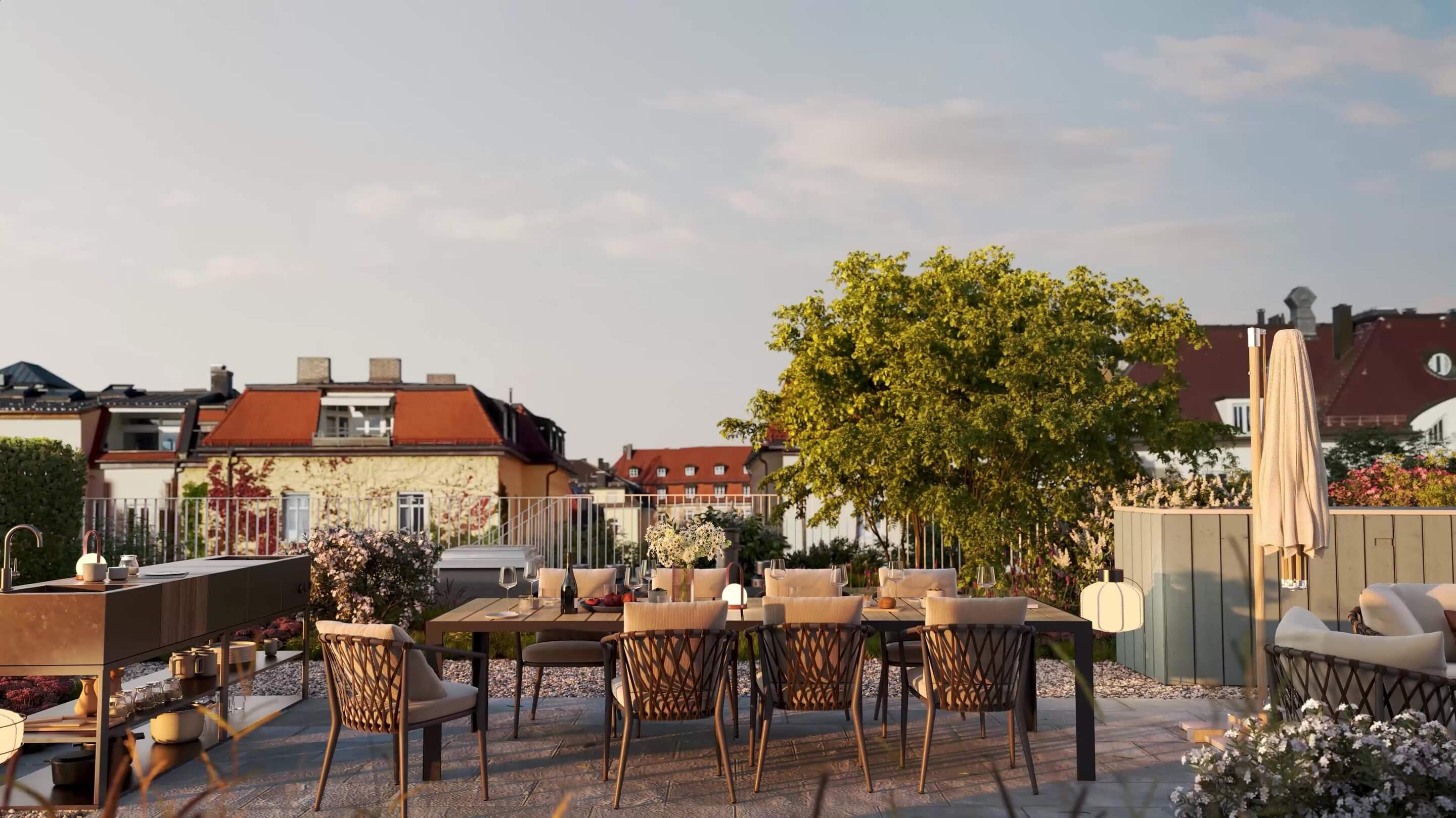 Dachterrasse des Neubau VINZENT mit Sitzbereich, Pflanzen, Blick über Neuhausen