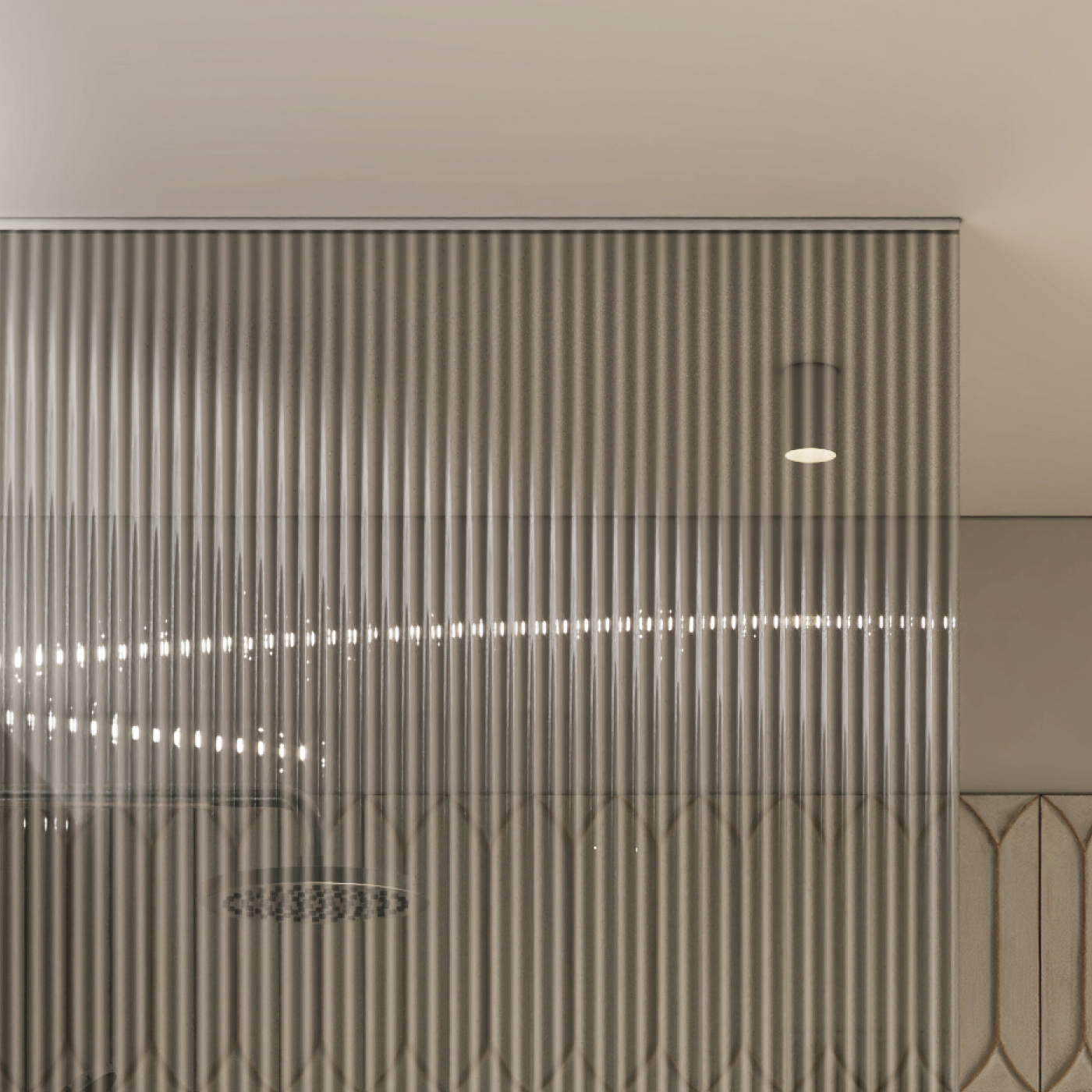 Bodengleiche Walk-in-Dusche mit Trennwand aus strukturiertem Glas in Haus Claude