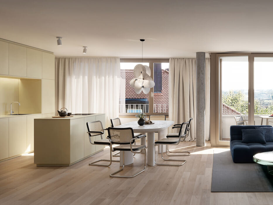 Essbereich im Neubauprojekt Haus Claude in Untergiesing mit Küche und Balkon