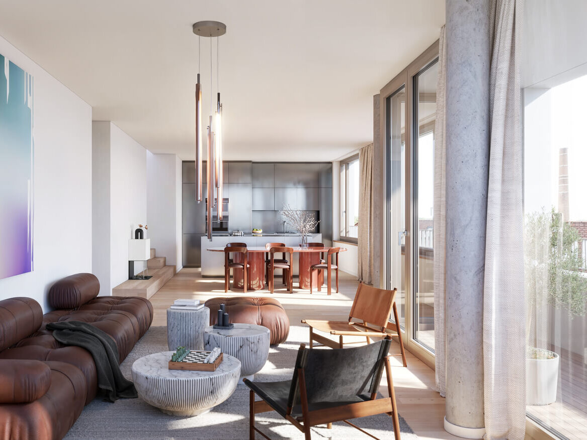 Wohnraum mit Küche und Balkon in Penthouse L.27, Neubau Haus Claude, München